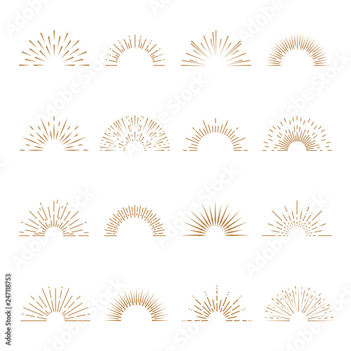 Retro sunburst. Sunrise firework sunset blast sunbeam abstract burst emblem sun ray shape explosion bursting vintage vector set