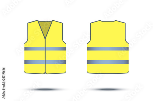 Yellow reflective safety vest isolated on white background. Vector front and back yellow vest.