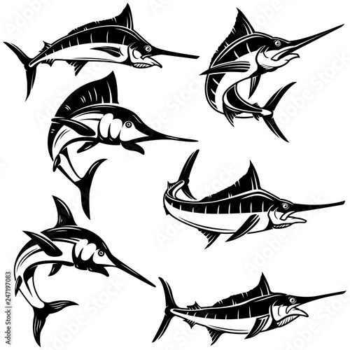 Set of marlin, swordfish illustrations. Design element for logo, label, emblem, sign, badge.