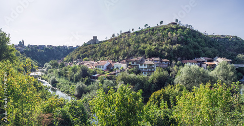 Panoramic view of Veliko Tarnovo from Tsarevets hill. Typical terrace architecture in Veliko Tarnovo, Bulgaria