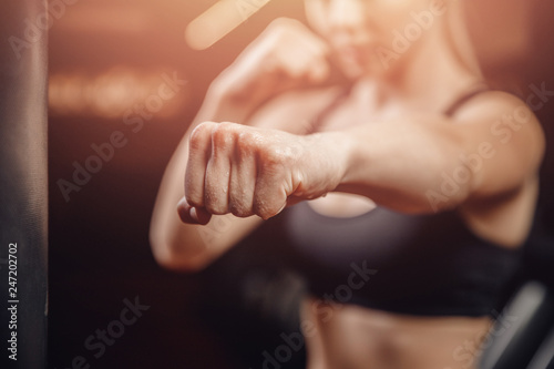 Fist fighter girl, concept of will to win. Self defense training