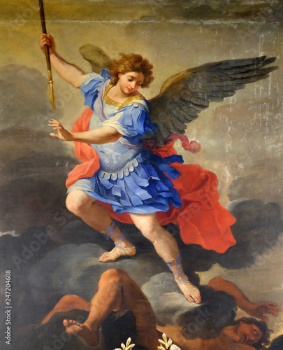 St Michael the Archangel, altarpiece by Ludovico Gimignani in Chapel of St Michael the Archangel, Basilica di Sant Andrea delle Fratte, Rome, Italy 
