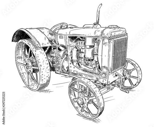 Old vintage tractor vector pen and ink illustration. Tractor was made in Chicago, Illinois, United States or USA from 1938 to 1939 or 30's.
