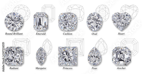 Ten the most popular diamond cut styles with faced diagrams, titles, isolated on white background