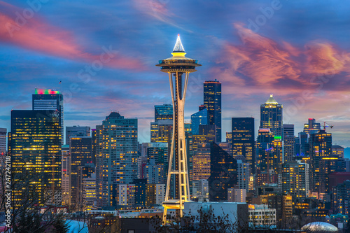 Seattle city skyline at dusk. Downtown Seattle cityscape