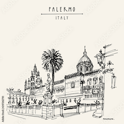 Cathedral in Palermo, Sicily, Italy. Hand drawn travel postcard