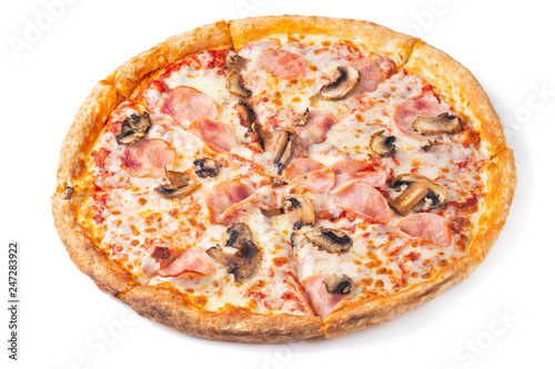 Fresh delicious pizza with ham and mushrooms isolated on white background