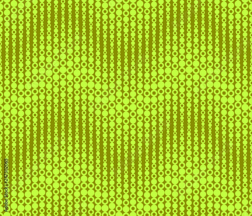 Bright mosaic seamless pattern, texture. It consists of circles and rings, located on a green background. Geometric abstraction.