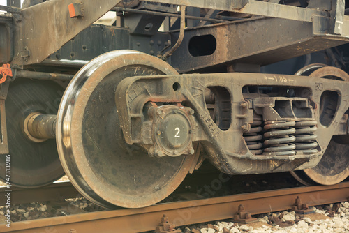Railway wheels wagon .Freight cargo train detail.