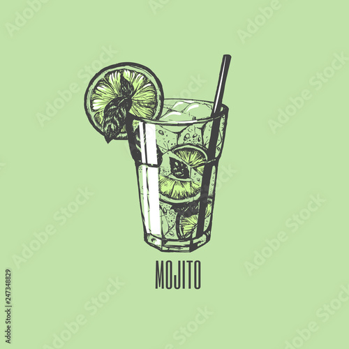 Mojito glass isolated. Vector illustration of alcoholic cocktail. Hand drawn sketch of mojito with slice of lime and straw. Bar menu design. Cocktail party icon. Template for card and poster