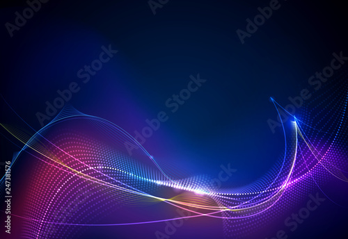 Illustration Abstract glowing, neon light effect, wave line, wavy pattern. Vector design communication techno on blue background. Futuristic digital technology for web or banner background