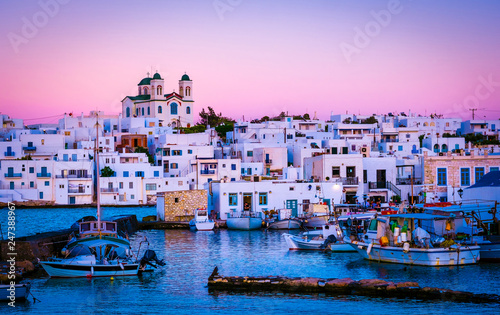 Beautiful architecture and berth view of evening greek island Paros