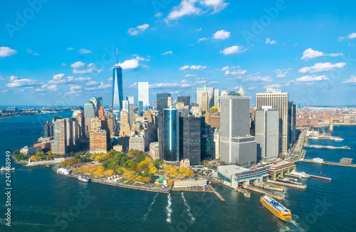 Beautiful aerial view of Lower Manhattan from the helicopter ride - New York, USA