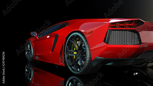 Red sports car, rear end and taillights of a sport automobile, race car isolated on black background, bottom view, 3D rendering