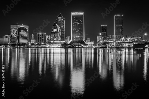 The skyline reflecting in the St. John's River at night in Jacksonvile, Florida.