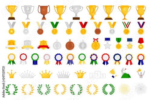 Cartoon award set. Sport and game achievement vector awards, medal and bowl, achieve trophy coat of arms and emblem, wreath and crown