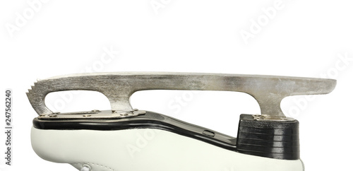 single metal blade of figure skates, woman white leather boot, side view, on isolated white background