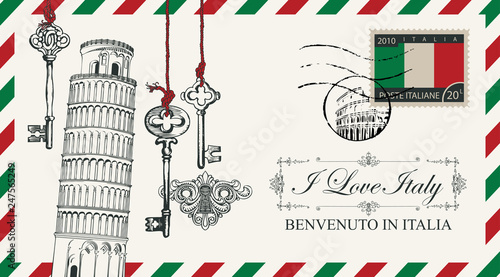 Vector envelope or postcard in retro style with leaning tower of Pisa and old keys, postmark in form of Roman Coliseum and postage stamp with Italian flag. Calligraphic inscription I love Italy