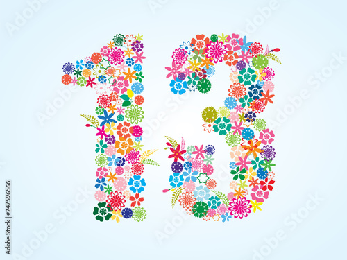 Vector Colorful Floral 13 Number Design isolated on white background. Floral Number Thirteen Vector Typeface.