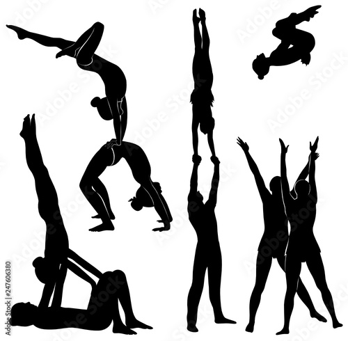 Gymnasts acrobats vector black silhouette