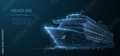 Ship. Abstract vector luxury ruise liner ship on dark blue night sky background with dots, stars.