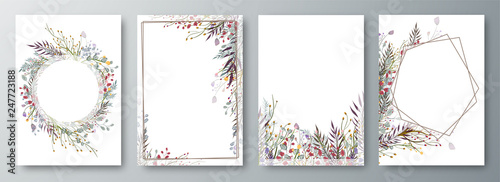 Set of four invitation or greeting card design decorated with flowers.
