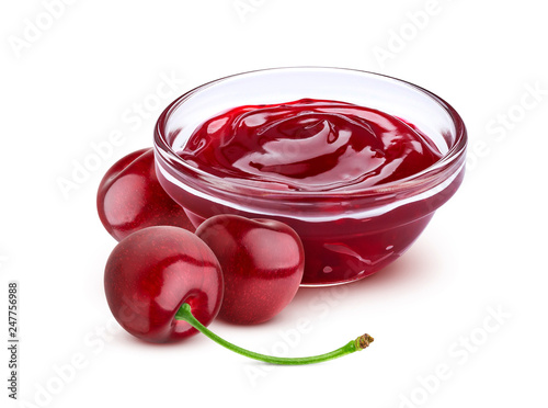 Cherry jam in bowl isolated on white background, cherry marmalade