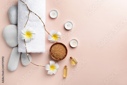 Beautiful spa composition on color background