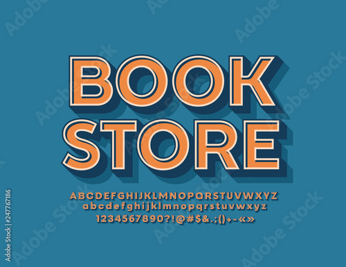 Vector stylish Emblem Book Store. Cool Font. Bright 3D Alphabet Letters, Numbers and Symbols