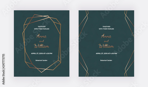 Green wedding invatation cards with golden polygonal frame and geometric lines. Trendy templates for banner, flyer, poster, save the date, greeting