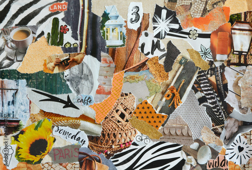 Mood board collage in nature summer style made of teared waste recycling paper results in art