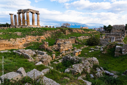 The temple of Apollo and part of the archaeological site of ancient Corinth in Peloponnese, Greece