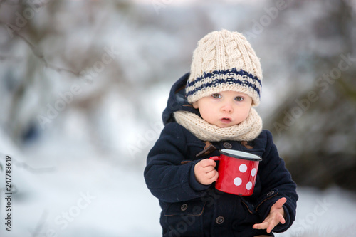 Sweet siblings, children having winter party in snowy forest. Young brothers, boys, drinking tea from thermos. Hot drinks and beverage in cold weather