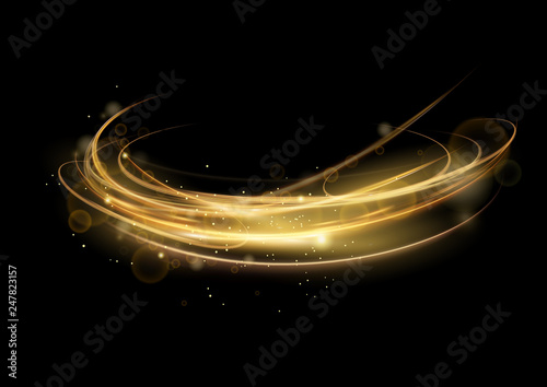 Vector illustration of golden abstract transparent light effect isolated on black background, round sparcles and light lines in golden color. Abstract background for science, futuristic, energy