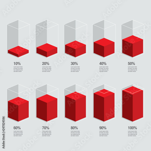 Red slim isometric chart bars, liquid histogram glass template, 10% - 100%. Flat design infocharts / infographics with text, app ui ux web banner button, vector eps 10 isolated on white background