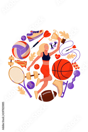 Fitness concept with running sportsman and sports equipment. Sport and healthy lifestyle concept. Vector flat illustration for print, postcard, advertise, invitation, poster, book, t-shirt.