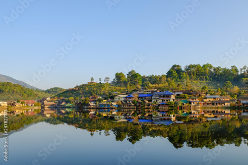 beautiful lake with reflection of water in morning time at ban rak thai chinease refugee village at Mae Hong Son Thailand