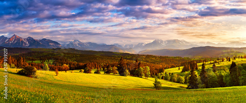 Tatra mountains panorama. Beautiful valley and cloudy sky