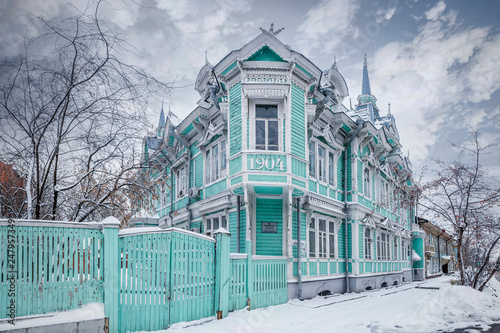 Wooden house in Tomsk city (Russia) Mansion of S.V. Khomich on Belinsky Street. Building build 1904