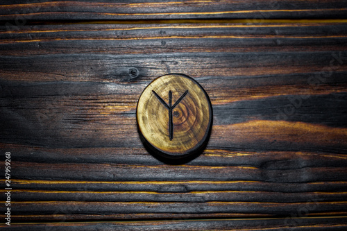 Rune Algiz (Elhaz) carved from wood on a wooden background - Elder Futhark