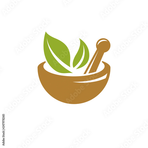 Vector illustration of mortar and pestle isolated on white. Alternative medicine concept, phytotherapy symbol.