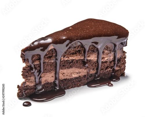 Piece of tasty chocolate cake on white background