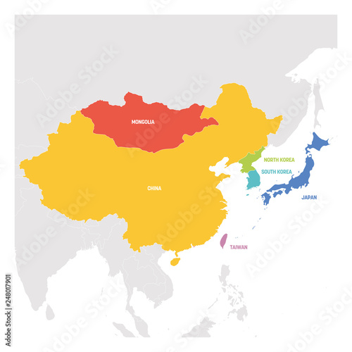 East Asia Region. Colorful map of countries in eastern Asia. Vector illustration