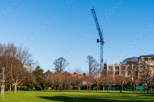 Construction site with a tower crane lifting building materials needed for the workers, view from Herbert Park. Irish house crisis concept in Dublin, Ireland.