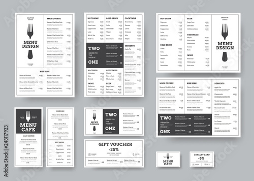 set of menus for cafes and restaurants in the classic white style with division into blocks.