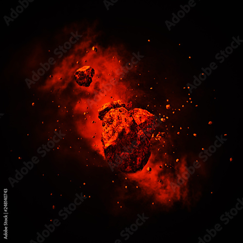 Fire meteor storm. Powerful asteroid moving. Concept art .