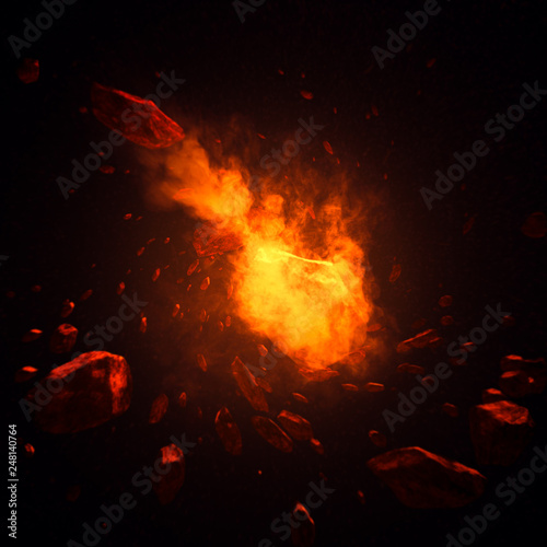 Fire comet in space with meteor storm. Powerful star moving. Concept art
