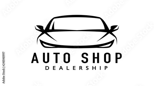 Auto shop sports car dealership logo with a line style silhouette icon of a conceptual shape performance motor vehicle template. Vector illustration. 