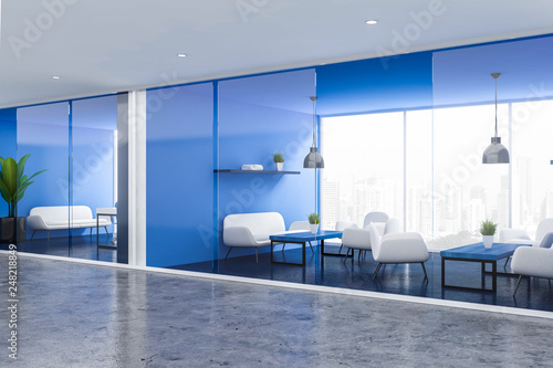 Side view of blue office waiting rooms