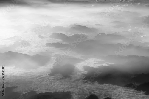 Morning fog of mountains aerial view